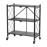 THCTYRP 3 Etagen Klappregal Schwerlastregal, Klappbares Regal mit Rollen, Haushaltsregal Standregal Faltbare Aufbewahrungswagen,71.5 x 36.5 x 87cm Metallregal, Klappregal für die Küche,Büro(Schwarz