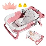 Faltbare Babybadewanne Mit Badekissen Und Integriertem Thermometer,1 Duschhaube, 2 kleine gelbe Enten,Kinderbadewanne Mit Kostenlosem Badewannenhalter,Von Geburt An Baby-Badewanne (Rosa)