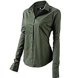 FLY HAWK Bluse Hemdbluse Damen Hemd Basic Kent-Kragen Elegant OL Work Slim Fit Langarm Stretch Formelle Hemden,Armee Grün, Größe 40, Hersteller - 12