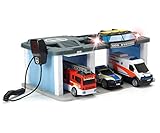 Dickie Toys SOS Rettungsstation mit Polizei, Feuerwehr und Krankenwagen, Station mit Licht & Sound, Mikrofon mit Lautsprecherfunktion, Tore zum Öffnen, inkl. Batterien, 31x22x16 cm, Blue