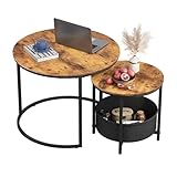WLIVE Couchtisch 2er Set, Beistelltisch Rund mit Stauraum, Wohnzimmertisch Holz mit Metallrahmen, Sofatisch für Wohnzimmer Schlafzimmer, Rustikales Braun