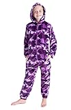 Onesie Kinder Fleece Overall Jumpsuit Schlafanzug Jungen Mädchen Extra Weich Einteiler Ganzkörperanzug Schlafoverall Pyjama Strampelanzug 7-14 Jahre (Lila Tarnfarben, 11-12 Jahre)