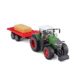 Bburago Traktor Fendt 1050 Vario mit Heuballen-Anhänger: Spielzeugtraktor mit Schwungrad-Antrieb, abnehmbare Fahrerkabine, ab 3 Jahren, grün (18-31674), Farblich Sortiert
