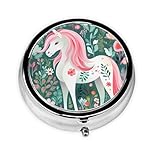Dlxw Fashion Pillendose Aufbewahrungsbox, Tragbare Metall Pillendose mit Spiegel, einfach zu speichern Medikamente! Einhorn mit rosa Haaren