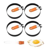 EAZHOP 4 Stück Omelettformen, Rund Edelstahl Pancake Form, Antihaftbeschichtete Herz Eierringe mit Klappgriffen und Ölpinsel, Spiegeleier Form, Spiegeleiformen Antihaft für Spiegeleier (A)