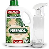 Natürliches Neemöl mit Emulgator 1200 ml – inkl. Sprühflasche & Messbecher – Ergibt 120 L sprühfertiges Neem-Öl Spray – Niemöl zur natürlichen Pflanzenpflege für drinnen & draußen