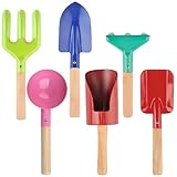 Faloyy 6-teiliges Strandspielzeug, Gartengeräte für Kinder, buntes Strandspielzeug mit Rechen, Schaufel, Kelle und mehr, Kleinkind-Gartenset aus Eisen mit Holzgriff für Kinder im Freien