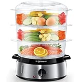 Aigostar Dampfgarer mit Timer 9L, 3-Etagen Stapelkörbe Reisschale, 800W Dampfgarer Elektrisch, automatische Abschaltung, Edelstahl BPA frei, silber/schwarz. EINWEGVERPACKUNG.