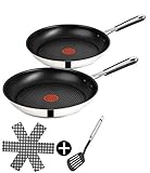 Tefal E30 Jamie Oliver Pfannenset Induktion 4 tlg -SET9- Edelstahl Pfanne 28 cm groß + Pfanne 24 cm, Bratpfannen hoch, Antihaft-beschichtet, hohe Gleitfähigkeit + Kratzfest