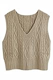 Pullunder Damen Ärmellos V-Ausschnitt Strickweste Pullover Elegant Strickpullover Strickpulli Casual Damen Herbst Winterpullover Sweater Vest Khaki S