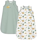 Chilsuessy Baby Schlafsack 1.5 Tog 2er Pack Ganzjahresschlafsack 100% Baumwolle Winter Babyschlafsack für Neugeborene, 1.5 Tog/Hellgrün + Löwenwald, 67cm/0-6 Monate