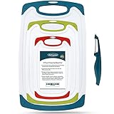 ROTTOGOON Schneidebrett für Küche 4er Set aus Kunststoff mit rutschfesten Füßen und tiefer Tropfsaftrille griffiger Griff spülmaschinenfest