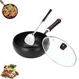 Japanische Eisenpfanne, unbeschichtete Eisenpfanne, 24 cm, handgeschmiedete japanische Pfanne, antihaftbeschichtet, robust und rostfrei, für Gasherde, runder Boden mit Deckel (C,24 cm)