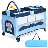 COSTWAY 3 in 1 Reisebett mit Matratze, Kinderreisebett mit Spielbogen, Wickeltisch, Tragetasche, Beistellbett mit Seitentür, atmungsaktives Netz, Babybett klappbar mit Rollen bis 45 kg belastbar, Blau