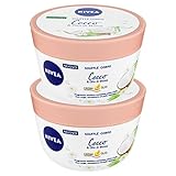 Nivea Soufflé Kokosnuss-Körpercreme, feuchtigkeitsspendend, leicht, schnell absorbierend, mit Monoi-Öl-Perlen, glatte und samtige Haut-Effekt, 2 Dosen à 200 ml