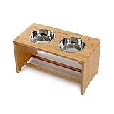lionto erhöhter Hundenapf aus robustem & pflegeleichtem Bambus, 50x26x26 cm, doppelter Futternapf für Hunde & Katzen, 2 Edelstahlnäpfe Ø 18 cm & je 1,2 L Fassungsvermögen, rutschfest & gelenkschonend