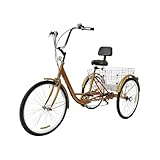 24 Zoll 6-Gang Dreirad für Erwachsene, 3-Rad-Cruiser-Fahrrad Lastenfahrrad GroßEn Shopping Erwachsenendreirad mit Einkaufskorb, Verstellbarer Sitz für Erwachsene und SeniorenOutdoor-Sport (Gold)