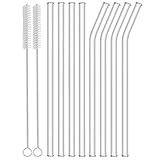 Redreo Glasstrohhalme Wiederverwendbar 10 Stück - 4 Gerade Glas Strohhalme und 4 Gebogene Glasstrohhalme Lang 20cm mit 2 Reinigungsbürsten, Glas Trinkhalme für Tea, Slush, Cocktail, Säfte