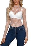 Damen Sexy Oberteil Transparent Bluse Netzoberteil Mesh Crop Top Langarm Durchsichtiges Oberteile Festival Mesh Sheer Basic Shirt Y2K Rave Outfit Party Clubwear(9370S,Weiß)