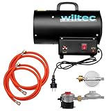 Wiltec Gasheizgebläse 15 kW inkl. Gasdruckminderer für Spanien 700 mbar, Gas Heizkanone mit 30 W Motor, Heißluftgenerator aus Stahl, LPG-betriebener Bauheizer