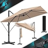 KESSER® Sonnenschirm Ampelschirm SUN XL 300 x 300 cm Inkl. Abdeckung +Windsicherung Drehbar Neigbar Kippbar Marktschirm Groß 360° Rotation, Gartenschirm mit Kurbel Sonnenschutz UV50+, Beige
