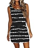 PLMOKEN Sommerkleid Damen Strandkleid - Freizeitkleid Ärmelloses Rundhalsausschnitt Mini Leicht Hohe Taille Gestreifter Patchwork kurz Kleider