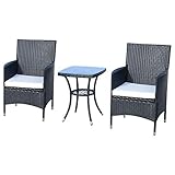 Outsunny Polyrattan Gartenmöbel Set, Outdoor Lounge Balkonmöbel für 2 Personen, 3-teilig Sitzgruppe, 2 Stühle, Tisch Sitzkissen, Gartenlounge für Garten, Terrasse, Balkon, Schwarz