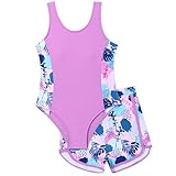 Xumplo Badeanzug Mädchen Kinder Schwimmanzug Teenager Badebekleidung Zweiteilig Einteiliges Badeanzug-Oberteil mit Shorts Sommer Bademode Rash Guard Set 9-10 Jahre