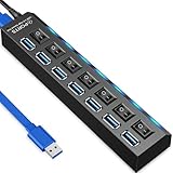 Retoo USB Hub 3.0 7 Port USB Verteiler 5gb/s, Datenhub mit Separater Schalter, Netzteil Port mit Einzelnen LED-Netzschaltern, Kompatibel fur Laptop, PC und weitere USB Geräte