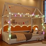 TOBIDOEN Kinderbett Bodenbett 90x200 cm mit Lattenrost, Hausförmiges Bett mit Dachkonstruktion, Geeignet für Kinder und Kleinkinder, Polsterstoff für Bettgestell, Leinen + MDF, Beige