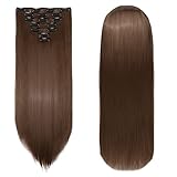 Extensions Clip in Extensions Echthaar 8 Teile 60cm Haarverlängerung Haarteil Glatt Synthetische Haare Natürlich Lang, Goldbraun