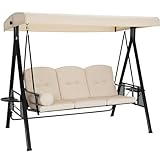 YODOLLA 3-Sitzer Hollywoodschaukel für Erwachsene, 3-Sitzer Veranda Schaukeln mit verstellbarem Baldachin, Außenschaukelbank mit abnehmbarem Kissen für Hinterhof, Garten, Hof, Pool, Balkon(Beige)