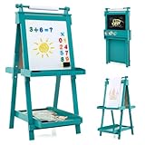 COSTWAY Tafel Kinder, Klappbare Staffelei höhenverstellbar mit Whiteboard & Magnetischer Tafel, doppelseitige Kindertafel mit Papierrolle & 3 Malschüsselchen, Klapptafel für Kinder ab 3 Jahren (Grün)