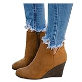 Sunnyuk Stiefeletten Damen Beige mit Absatz Chunky Boots Cowboystiefel Keilstiefeletten Kurzschaft Stiefel Mädchen Outdoor Halbhohe Schlupfstiefel 42 Walkingschuhe Stiefel