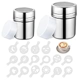 HMCEY 2 Stück Puderzuckerstreuer Edelstahl,Mehlstreuer mit Deckel,Zimtstreuer Kakaopulver für Kaffee,Kakao Streuer Cappuccino mit 16 Druckformen,Puderzucker Mühle Zimt und Zucker,Staubzuckerstreuer