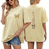 TOMEEK T-Shirt Für Damen Top Sommer Oversize Shirt Rundhals Kurzarm Baumwolle Weiße Tshirts Vintage Loose Tshirt Lockere Passform Basic Tee Kurzärmelig(Khaki,XL)