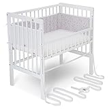 FabiMax Baby Beistellbett für Boxspringbett, TÜV geprüft 2022, inkl. Matratze Buche massiv weiß (Matratze Comfort, Graue Blümchen)