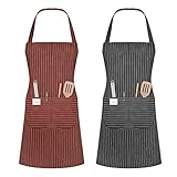 Vicloon Küchenschürze,2 Stück verstellbare Schürze mit 2 Taschen,Maschinenwaschbar, farbecht Schürze für Männer Damen Küche Restaurant Café-grau/Dunkelbraun
