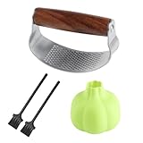 Knoblauchpresse Edelstahl Knoblauchwippe, Knoblauchpresse Wippe mit Holz Griff, Garlic Crusher Presser, Knoblauchschneider, Küchenhilfen, mit Silikon Knoblauchschäler + 2 Reinigungsbürste