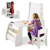 COSTWAY Kindertisch mit Stuhl & Staffelei, Kindersitzgruppe Holz mit Whiteboard & Kreidetafel & Bücherregal, Maltisch inkl. Papierrolle & Zubehör, 3 in 1 Sitzgruppe für Kinder ab 3 Jahren (Grau)