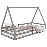 IDIMEX Hausbett SILA aus massiver Kiefer, schönes Montessori Bett in 90 x 200 cm, stabiles Kinderbett mit Rausfallschutz und Dach in grau