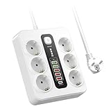 Steckdosenleiste 6-Fach mit 5 USB A und 1 Typ-C Schnellladeports, Mehrfachsteckdose mit Schalter, Steckdosenstecker für Büro und Zuhause. Weiß