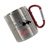 Crealuxe Edelstahltasse mit Karabiner 'Wander Woman mit Wunschname' Tasse personalisiert, Kaffeetasse, Bürotasse, Metalltasse mit Name