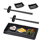 ACONDE Sushi Platte mit Dipschalen, Sushi Geschirr mit Stäbchen, Japanese Sushi Sushi Teller, Geschirr-Set mit 2 Paar Essstäbchen + 2 Essstäbchenablagen + 2 Teller + 2 Dipteller, Schwarz