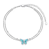 BETHZA Fußkettchen mit türkisfarbenem Schmetterling, 925er-Sterlingsilber, verstellbar, geschichtet, Fußkettchen, Armband, Strand, Sommer, Schmuck, Geschenke für Frauen, mittelgroß, Sterlingsilber