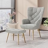 Aivermeil Sessel Wohnzimmer Einzelsofa Loungesessel modern Relaxsessel mit Hocker,Gold Metallfüßen, Samt, für Wohnzimmer Schlafzimmer, Bis 150 KG Gray
