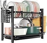 Shernax Abtropfgestell aus Edelstahl mit Abtropfmatte, 2 Ebenen mit Abtropfschale und Utensilienhalter, inklusive Abtropfmatte aus Silikon