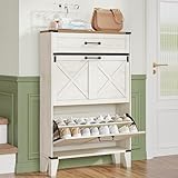 Hzuaneri Schuhschrank mit 2 Klappen, Schuhregal Schuhkipper Schmal, 1 Große Schublade, Verstellbar, 16 Paar, Schuhaufbewahrung für Eingang, Flur, Garderobe, 24 x 76 x 117 cm, Braun und Weiß SR59014X