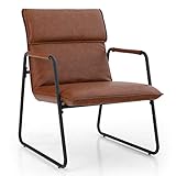 ALPHA HOME Leder Loungesessel Mid Century Modern Relaxsessel Weich gepolstert Polsterstuhl Lesesessel Polstersessel Stahlrahmen für Wohnzimmer Schlafzimmer Arbeitszimmer bis zu 136kg, Braun