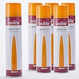 UNILITE Butan Feuerzeuggas - 6 x 300 ml - mit je 6 x Adapter - Gaskartusche zum Nachfüllen von Gasfeuerzeug, Küchenbrenner, Flammbierer, Stabfeuerzeug, Sturmfeuerzeug & Co. – Nachfüllgas Feuerzeug
